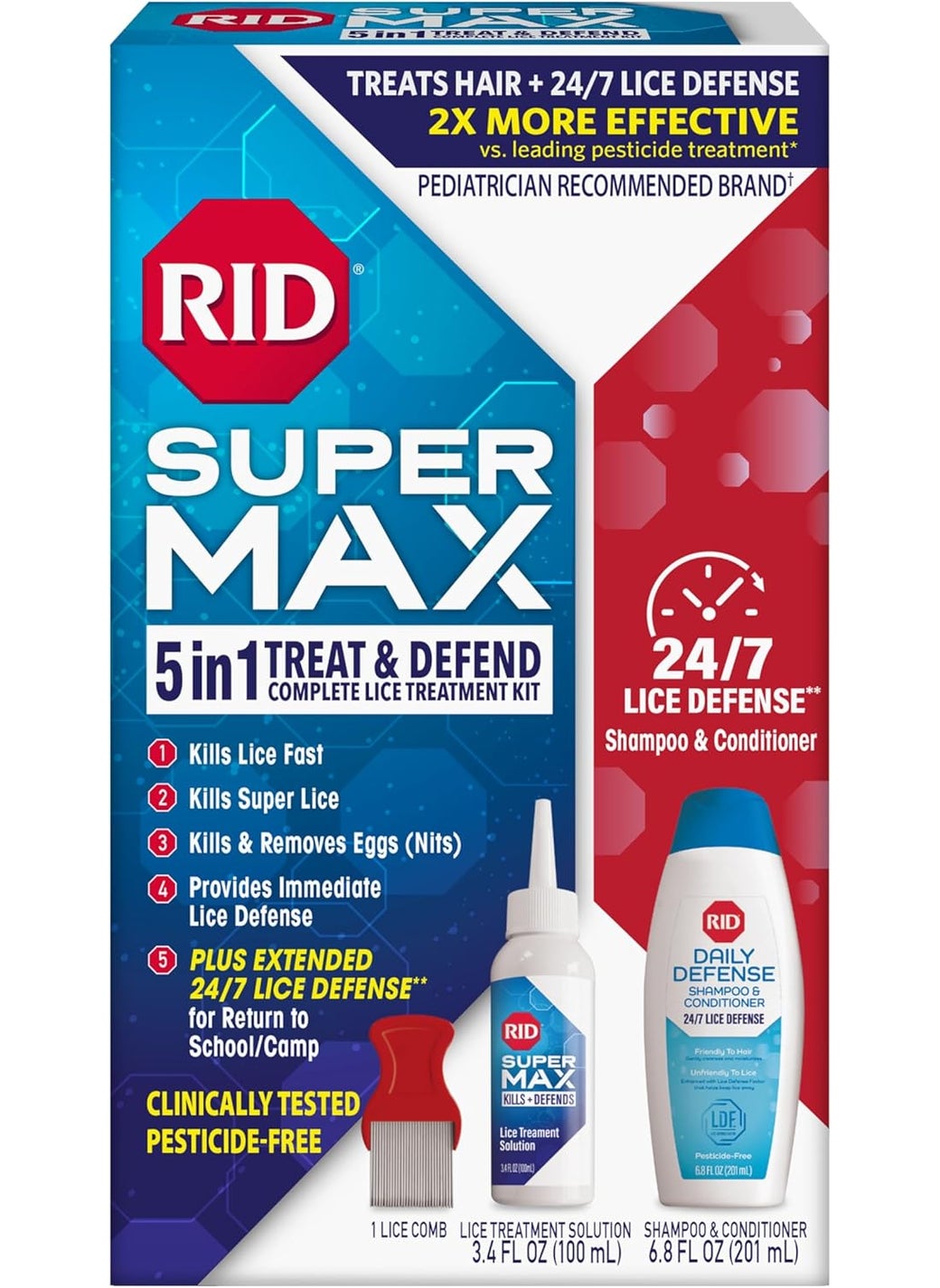 RID Super Max Lice Treatment Kit, Kills Lice & Super Lice & Eggs + 24/7 Lice Defense, Pesticide Free, 3.4 FL OZ Solution + 6.8 FL OZ Daily Defense Shampoo & Conditioner + Nit Removal Comb