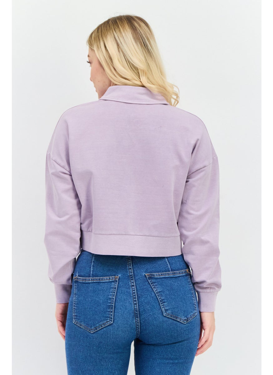 Women Spread Collar Brand Logo Long Sleeves Sweatshirt, Purple Skies