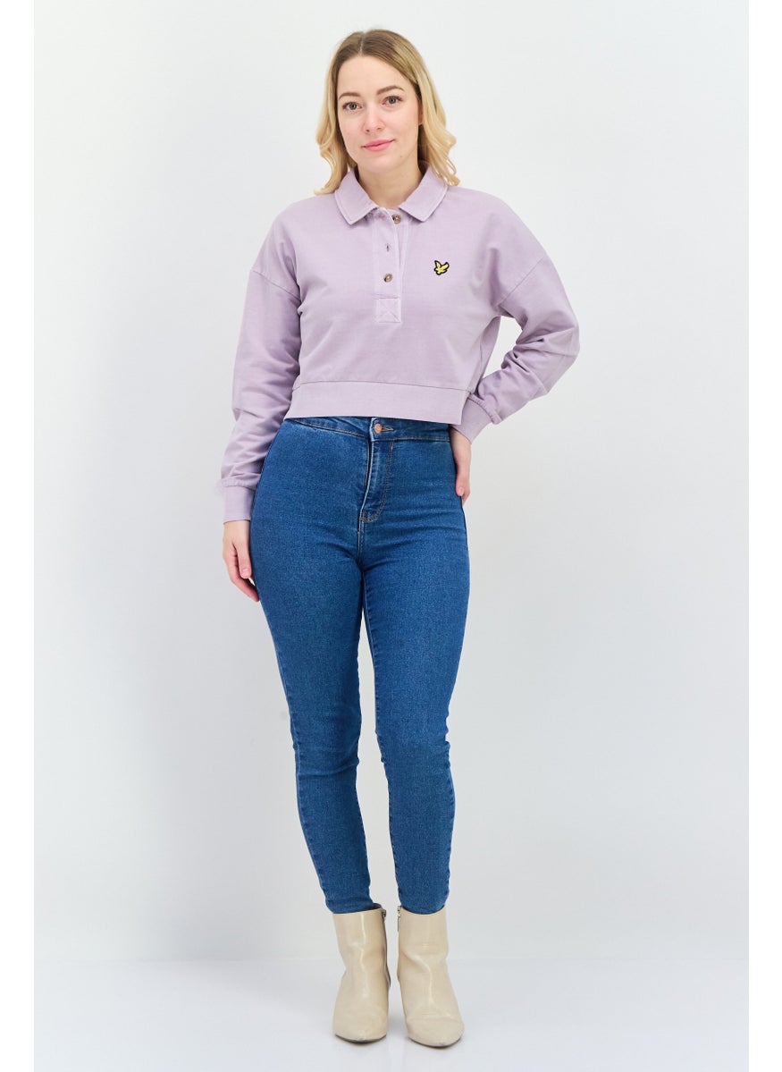 Women Spread Collar Brand Logo Long Sleeves Sweatshirt, Purple Skies