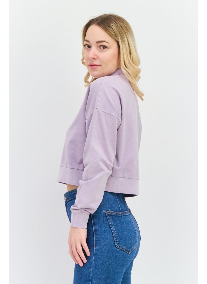 Women Spread Collar Brand Logo Long Sleeves Sweatshirt, Purple Skies