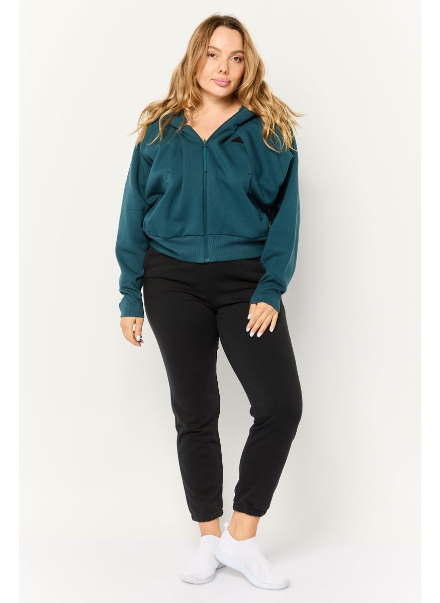 Women Sportswear Fit Long Sleeve Outdoor Hoodie, Dark Teal Blue