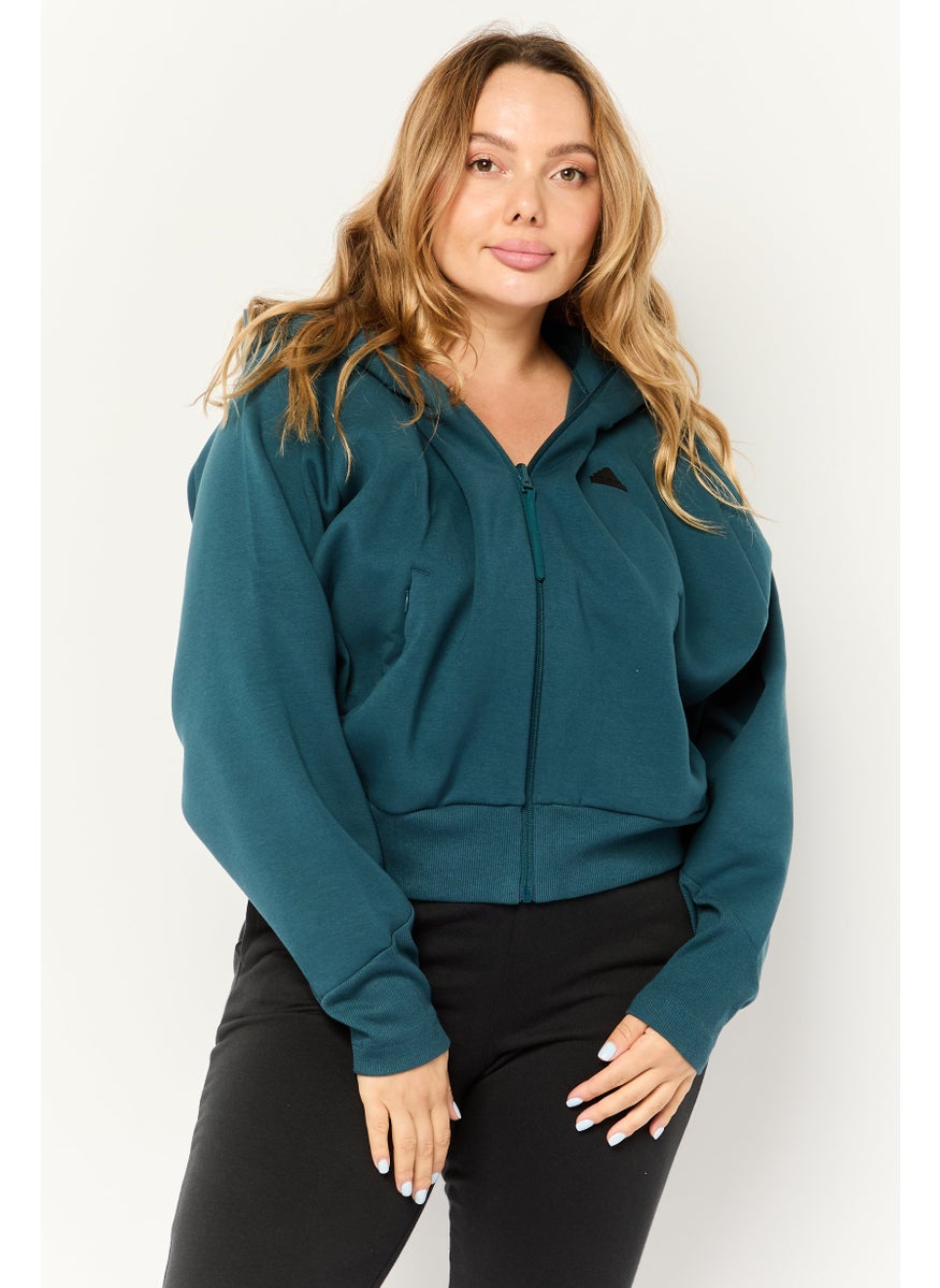 Women Sportswear Fit Long Sleeve Outdoor Hoodie, Dark Teal Blue
