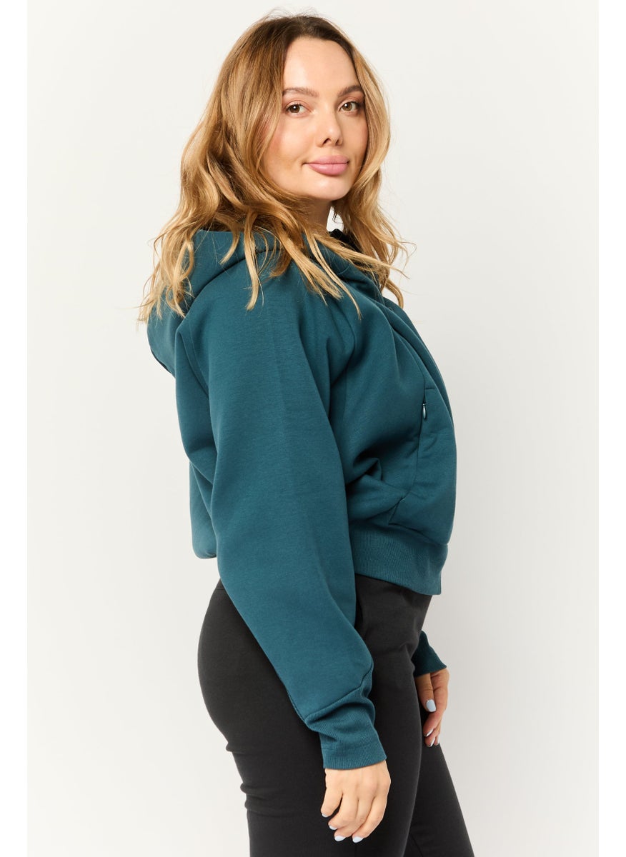 Women Sportswear Fit Long Sleeve Outdoor Hoodie, Dark Teal Blue