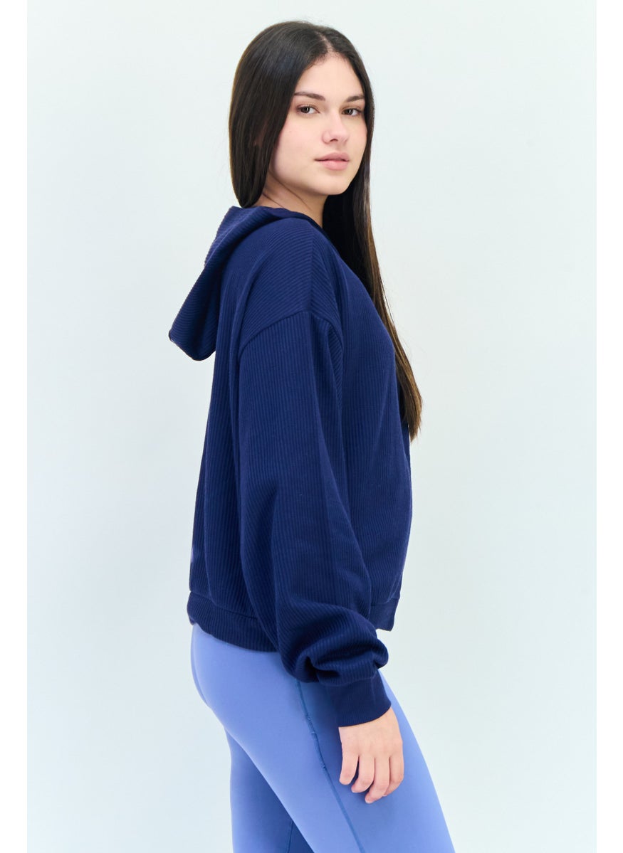 Women Sportswear Fit Long Sleeves Running Sweatshirt, Navy Blue