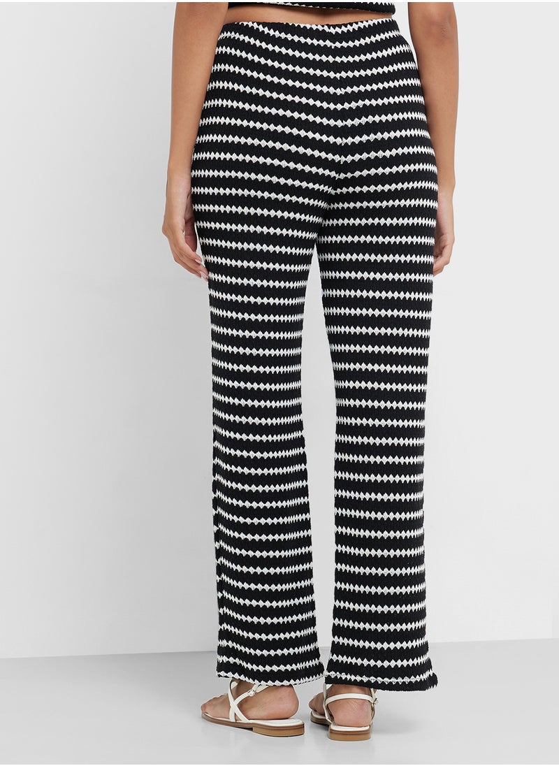 Ribbed Knit Detail Wide Leg Pants