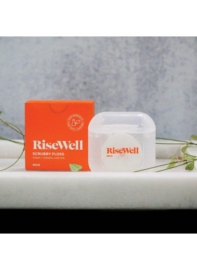 RiseWell Scrubby Floss - Natural PFAS Free Floss - Dentist Designed Xylitol Floss, Hydroxyapatite Floss - Vegan, Gluten, Paraben-Free, Clean Ingredient Floss - Waxed Dental Floss Mint, 30 Yards