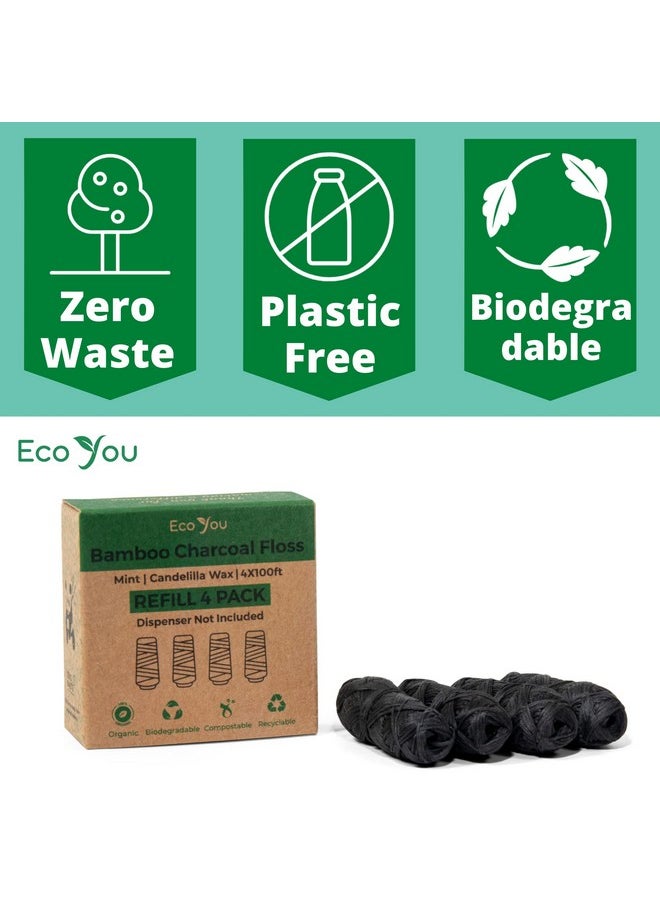 EcoYou Bamboo Charcoal Dental Floss | Mint & Candelilla Wax | Vegan & Biodegradable (4 Refills Pack)