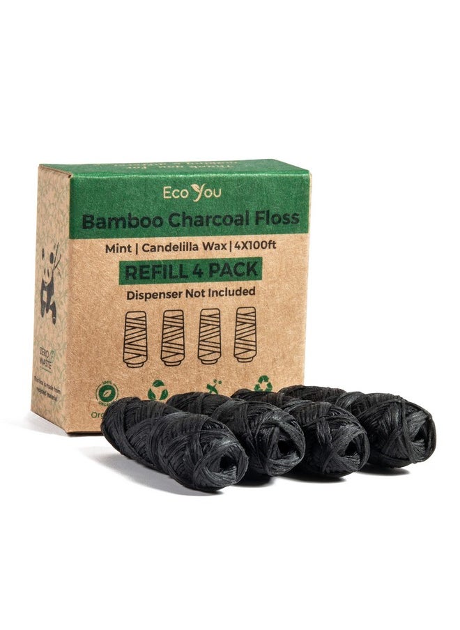 EcoYou Bamboo Charcoal Dental Floss | Mint & Candelilla Wax | Vegan & Biodegradable (4 Refills Pack)
