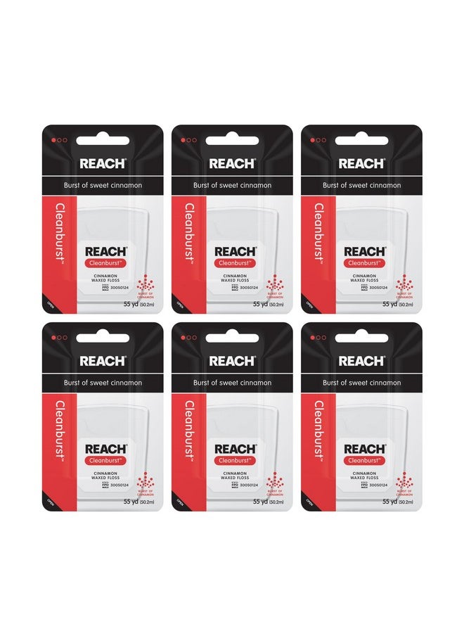 REACH Waxed Dental Floss, Cinnamon, Plaque Remover for Teeth, Shred Resistant, Floss Slides Smoothly, Easy to Use, Waxed, Deep Cleaning Teeth, Oral Care, PFAS Free, for Adults & Kids, 6 Pack, 55 yd