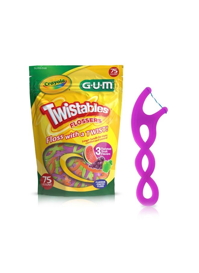 GUM Crayola Twistables Kids Flossers with Fluoride - Designed for Little Hands - Three Fun Fruit Flavors - Easy to Use Kids Floss Picks for Children Ages 3+, 75 ct