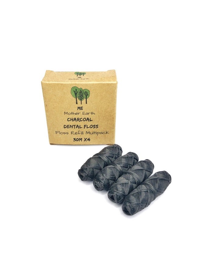 Vegan Biodegradable Bamboo Charcoal Dental Floss Refill Refill | Natural Candelilla Wax | 30M x4 | Peppermint Essential Oil | Eco Friendly Zero Waste Oral Care | 4 Pack