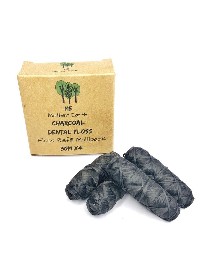 Vegan Biodegradable Bamboo Charcoal Dental Floss Refill Refill | Natural Candelilla Wax | 30M x4 | Peppermint Essential Oil | Eco Friendly Zero Waste Oral Care | 4 Pack