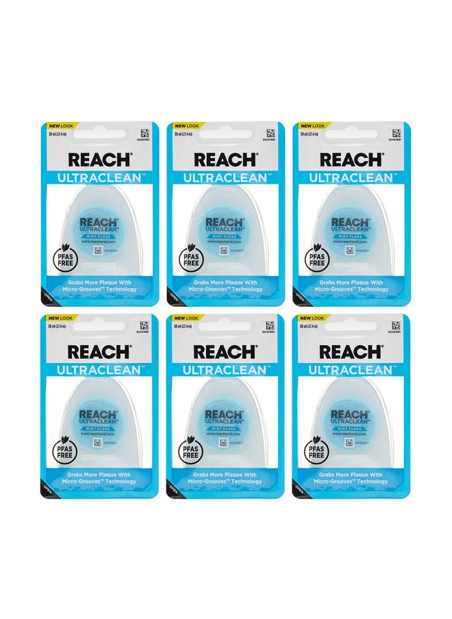 REACH Ultraclean Dental Floss, Mint, Plaque Remover for Teeth, Shred Resistant, Waxed, Easy on Gums & Teeth, Mint, Oral Care, PFAS Free, for Adults & Kids, 6 Pack, 30 yd