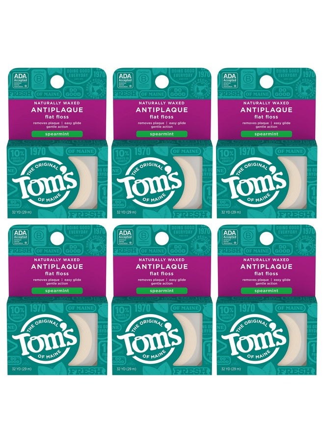 Tom's of Maine Naturally Waxed Antiplaque Flat Dental Floss, Spearmint, 32 Yards 6-Pack (Packaging May Vary)