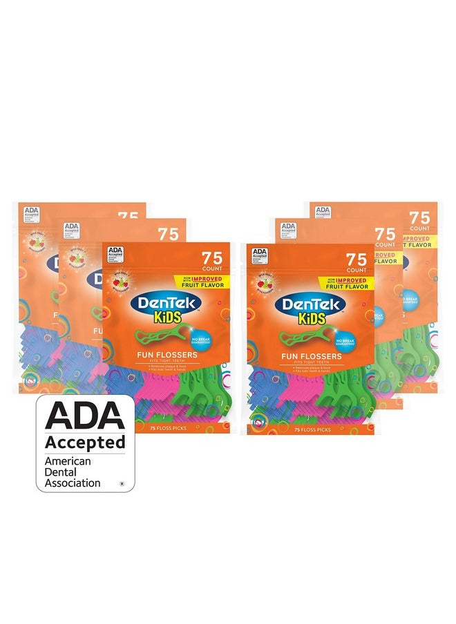 DenTek Kids Fun Flossers, Removes Food & Plaque, Wild Fruit Flavored Floss Picks, 75 Count, 6 Pack