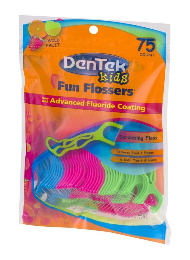 DenTek Kids Fun Flossers, Removes Food & Plaque, Wild Fruit Flavored Floss Picks, 75 Count, 6 Pack