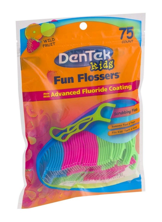 DenTek Kids Fun Flossers, Removes Food & Plaque, Wild Fruit Flavored Floss Picks, 75 Count, 6 Pack