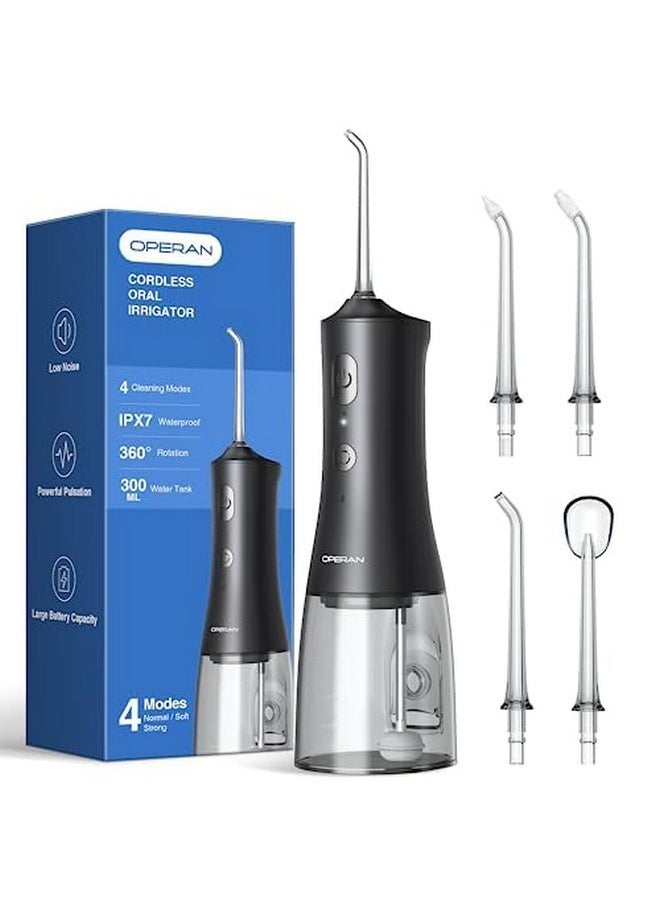 Operan Water Flossers for Teeth Cleaning Upgraded 300ml Cordless Water Dental Flossers Portable Rechargeable Oral Irrigator with 4 Modes 4 Jet Tips IPX7 Waterproof Water Floss for Home Travel (Black)