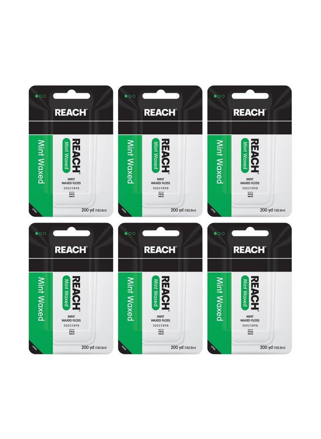 REACH Waxed Dental Floss, Mint, Plaque Remover for Teeth, Shred Resistant, Floss Slides Smoothly, Easy to Use, Waxed, Deep Cleaning Teeth, Oral Care, PFAS Free, for Adults & Kids, 6 Pack, 200 yd