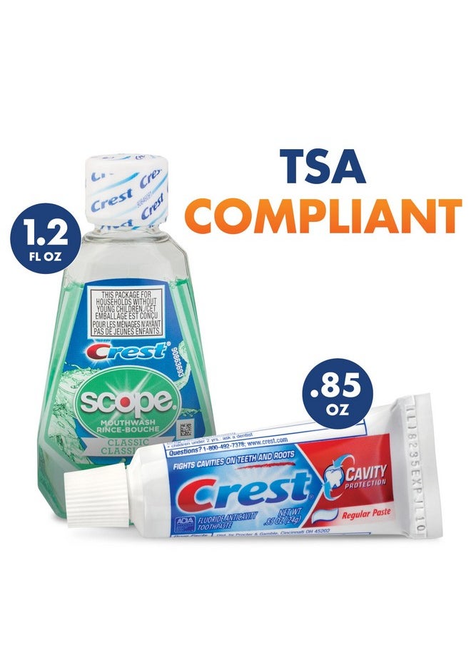 Practicon Adult Dental Care Kit, Travel Size Bundle w/Toothbrush with Cover, Crest Toothpaste, Floss, Tongue Cleaner and Scope Mouthwash, TSA Compliant Oral Care Kit