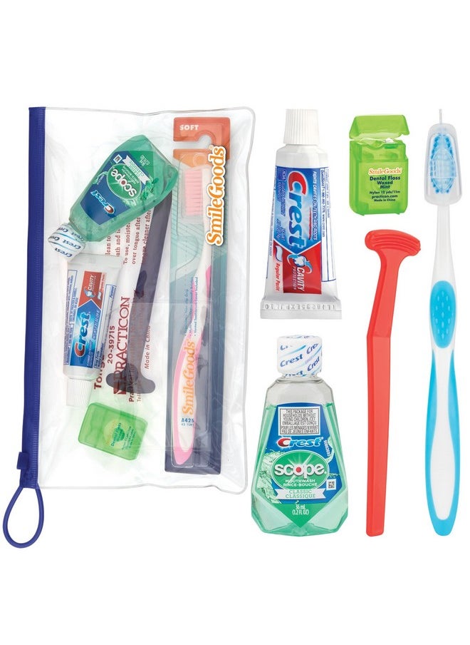 Practicon Adult Dental Care Kit, Travel Size Bundle w/Toothbrush with Cover, Crest Toothpaste, Floss, Tongue Cleaner and Scope Mouthwash, TSA Compliant Oral Care Kit