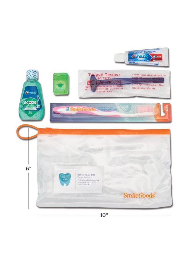 Practicon Adult Dental Care Kit, Travel Size Bundle w/Toothbrush with Cover, Crest Toothpaste, Floss, Tongue Cleaner and Scope Mouthwash, TSA Compliant Oral Care Kit