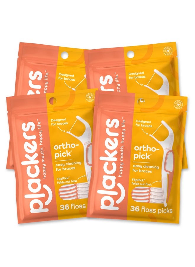 Plackers Orthopick Floss Picks, Unflavored, Designed for Braces, Fold-Out FlipPick, Tuffloss, Easy Storage with Sure-Zip Seal, 36 Count (4 Pack)