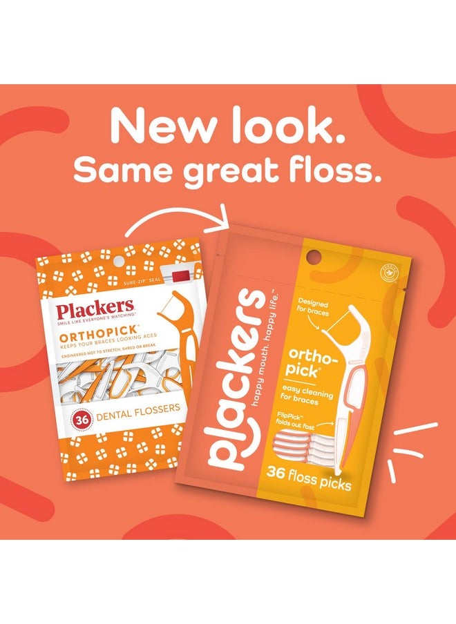 Plackers Orthopick Floss Picks, Unflavored, Designed for Braces, Fold-Out FlipPick, Tuffloss, Easy Storage with Sure-Zip Seal, 36 Count (4 Pack)
