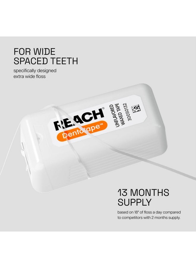 REACH Dentotape Waxed Dental Floss Tape, Unflavored, Extra Wide Floss, Shred & Frey Resistant, Plaque Remover for Teeth, Easy on Gums & Teeth, Oral Care, PFAS Free, for Adults & Kids, 1 Pack, 100 yd