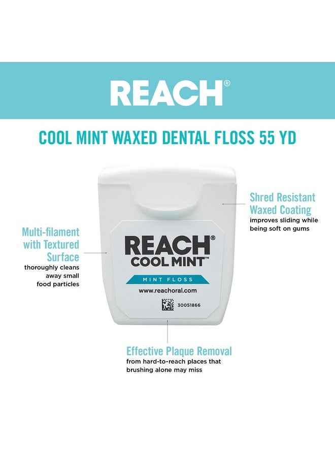 REACH Cool Mint Dental Floss, Fresh Mint, Plaque Remover for Teeth, Shred Resistant, Waxed, Easy on Gums & Teeth, Fresh Breath, Oral Care, PFAS Free, for Adults & Kids, 1 Pack, 55yd