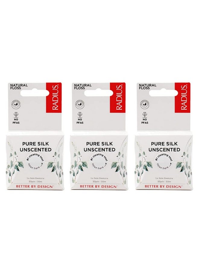 RADIUS Natural Unscented Silk Dental Floss 33 Yards Compostable Non-Toxic Oral Care & Designed to Help Fight Plaque Clear - Pack of 3