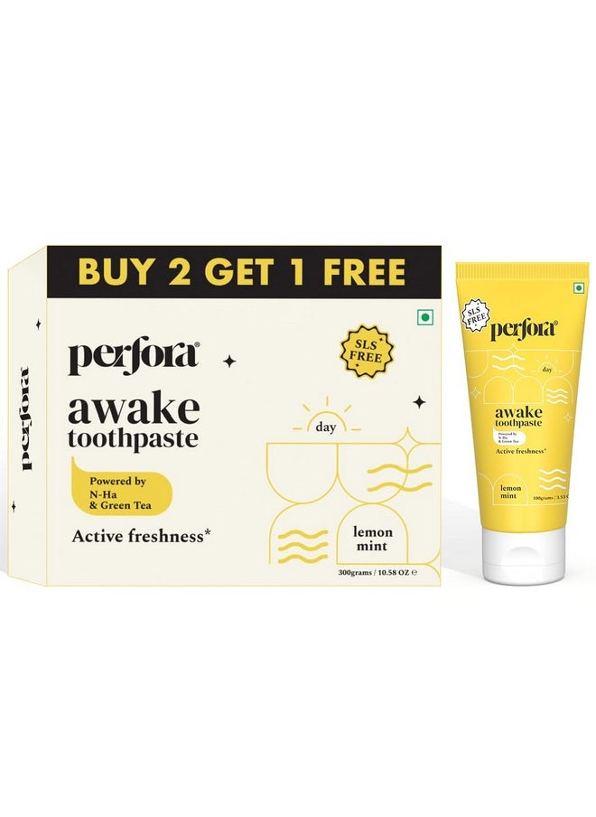Awake Toothpaste - Lemon Mint, 300G (3X 100G) | Active Freshness Cavity Prevention | Vitamin Enriched Sls & Fluoride Free Tooth Paste |N-Ha For Teeth Remineralisation |Healthy Gums & Oral Care