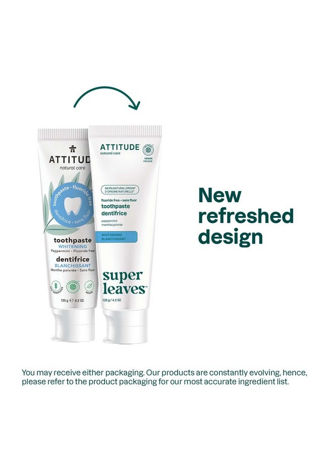 ATTITUDE Fluoride-Free Toothpaste, Plant- and Mineral-Based Ingredients, Vegan, Cruelty-Free and Sugar-Free, Whitening, Peppermint, 4.2 Oz