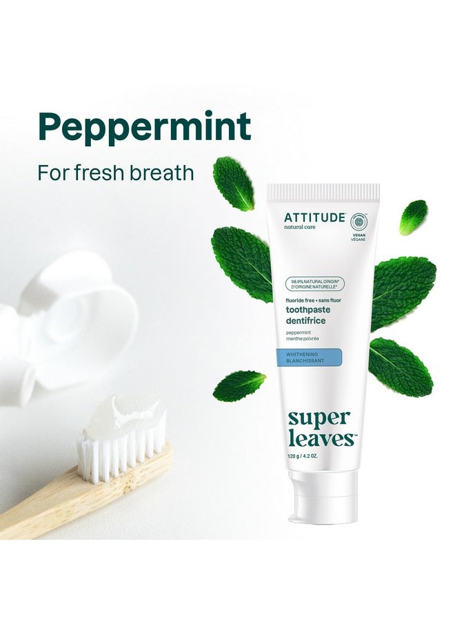 ATTITUDE Fluoride-Free Toothpaste, Plant- and Mineral-Based Ingredients, Vegan, Cruelty-Free and Sugar-Free, Whitening, Peppermint, 4.2 Oz