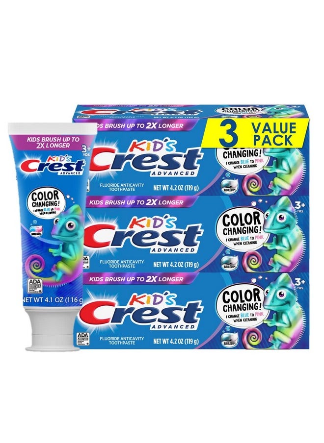 Crest Kids Advanced Fluoride Toothpaste, Bubblegum Flavor, 4.2 oz, 3 Count, Color-Changing Anticavity Toothpaste, Crest Kids Toothpaste, Kids Toothpaste with Fluoride