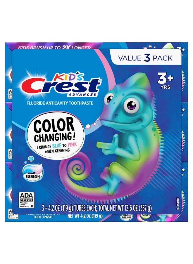 Crest Kids Advanced Fluoride Toothpaste, Bubblegum Flavor, 4.2 oz, 3 Count, Color-Changing Anticavity Toothpaste, Crest Kids Toothpaste, Kids Toothpaste with Fluoride