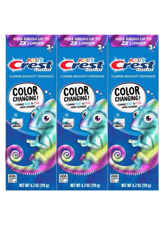 Crest Kids Advanced Fluoride Toothpaste, Bubblegum Flavor, 4.2 oz, 3 Count, Color-Changing Anticavity Toothpaste, Crest Kids Toothpaste, Kids Toothpaste with Fluoride