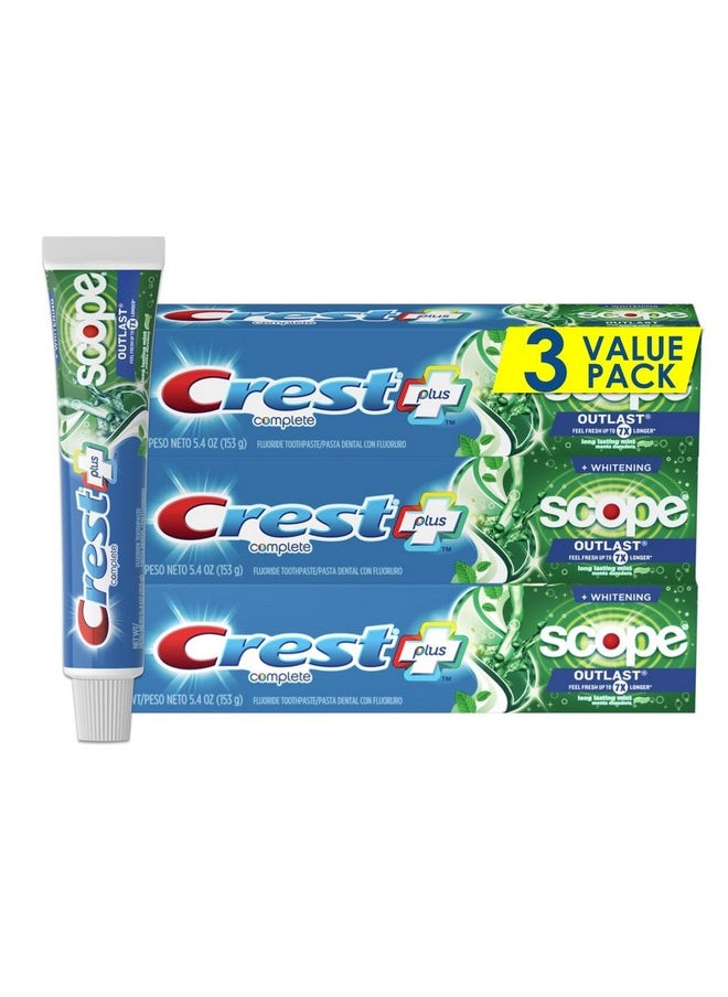 Crest Complete Whitening + Scope, Long Lasting Mint Toothpaste, Triple Pack (3 Count of 5.4 oz Tubes), 16.2 oz