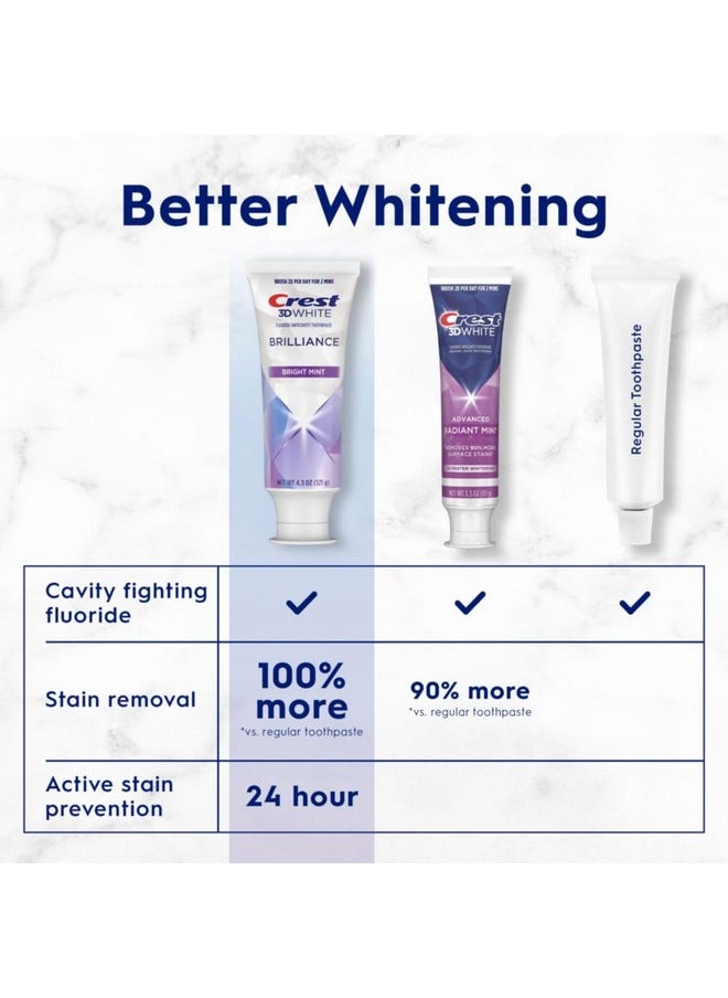 Crest 3D White Brilliance Bright Mint Teeth Whitening Toothpaste, 4.3 oz Pack of 3, 100% More Surface Stain Removal, 24 Hour Active Stain Prevention, Whiter Teeth in 3 Days