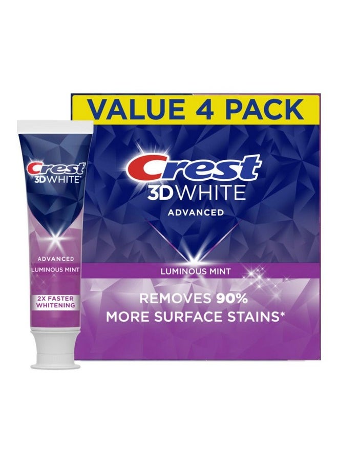 Crest 3D White Advanced Luminous Mint Teeth Whitening Toothpaste, Crest Toothpaste, 3.7 oz Pack of 4 - Helps Remove Surface Stains, Whitens Teeth, Strengthens Tooth Enamel, Protects Against Cavities