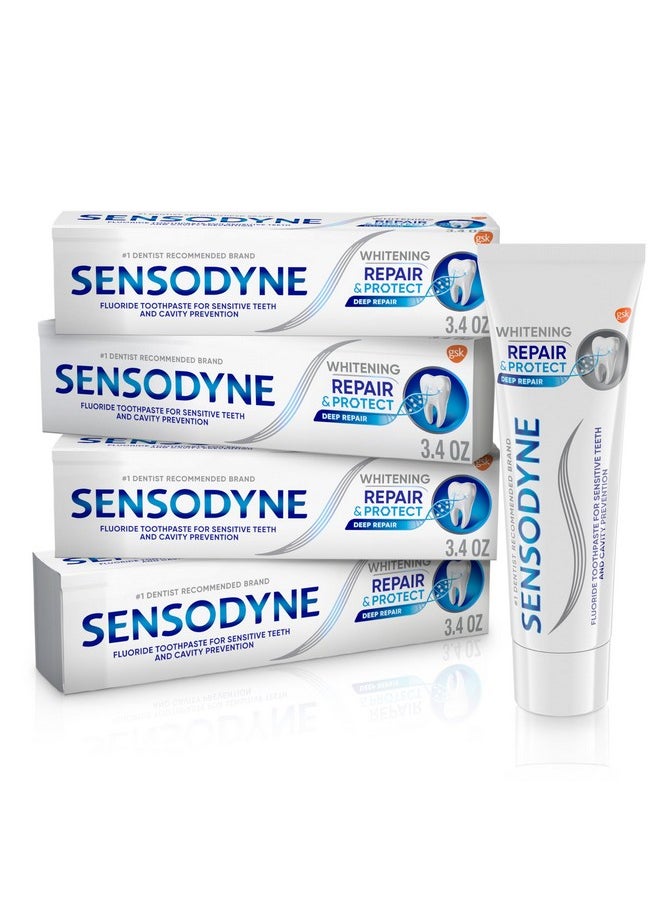 Sensodyne Repair and Protect Whitening Toothpaste, Toothpaste for Sensitive Teeth and Cavity Prevention, 3.4 oz (Pack of 4)