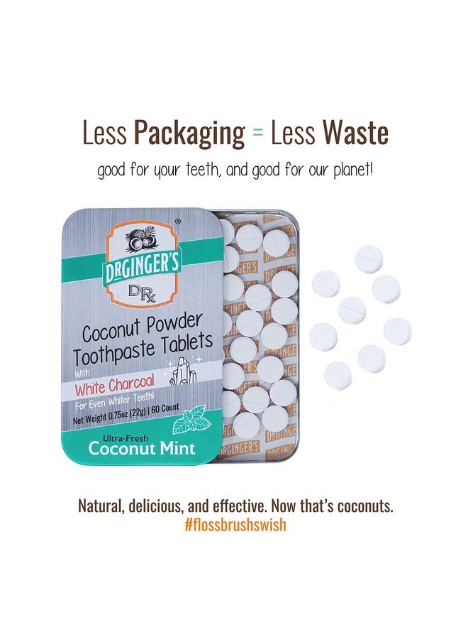 Dr. Ginger's White Charcoal Toothpaste Tablets, Eco-Friendly Travel Chewable Tabs for Whitening, Fresh Breath, & Gum Support, Enamel-Safe, Coconut Mint Flavor, Fluoride-Free 0.75oz Tin, 60 Tablets