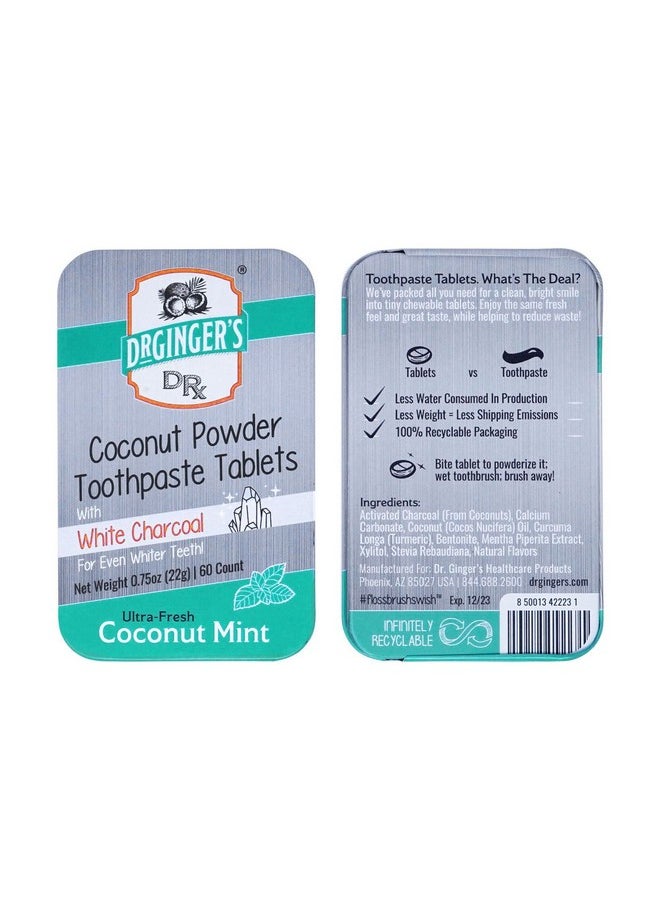 Dr. Ginger's White Charcoal Toothpaste Tablets, Eco-Friendly Travel Chewable Tabs for Whitening, Fresh Breath, & Gum Support, Enamel-Safe, Coconut Mint Flavor, Fluoride-Free 0.75oz Tin, 60 Tablets