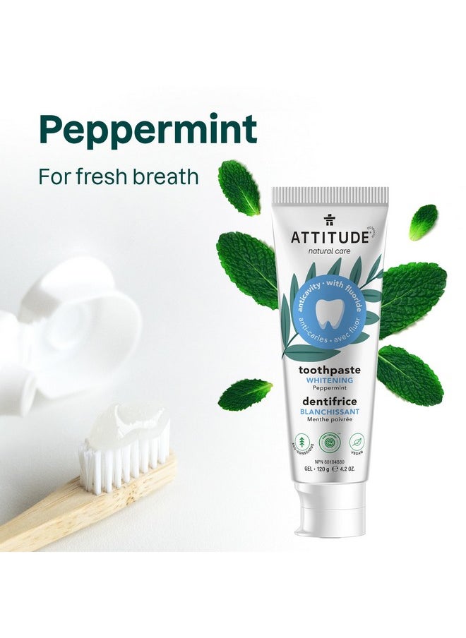 ATTITUDE Toothpaste with Fluoride, Prevents Tooth Decay and Cavities, Vegan, Cruelty-Free and Sugar-Free, Whitening, Peppermint, 4.2 Oz