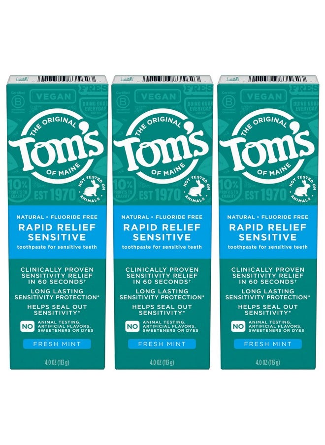 Tom's of Maine Fluoride-Free Rapid Relief Sensitive Toothpaste, Fresh Mint, 4 oz. 3-Pack (Packaging May Vary)