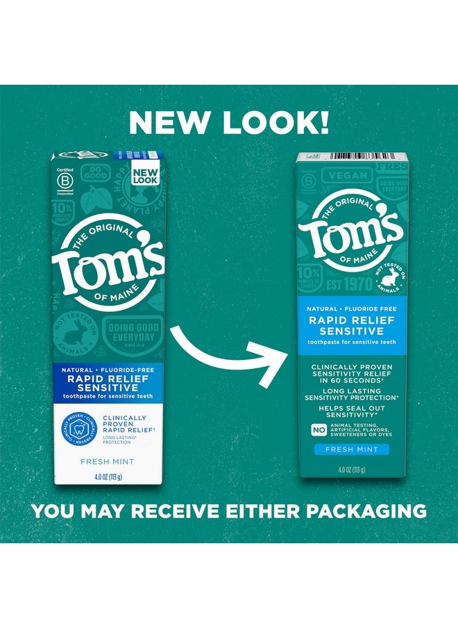 Tom's of Maine Fluoride-Free Rapid Relief Sensitive Toothpaste, Fresh Mint, 4 oz. 3-Pack (Packaging May Vary)