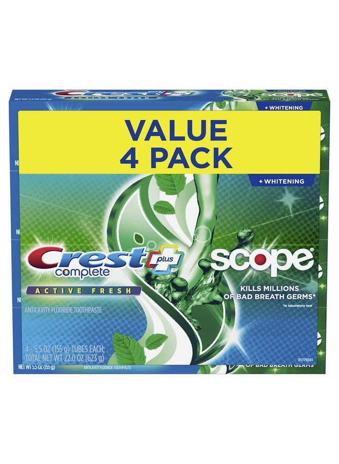 Crest Whitening Plus Scope, Complete Active Fresh + Whitening Toothpaste, 5.5oz, Toothpaste Sensitive Teeth, Pack of 4