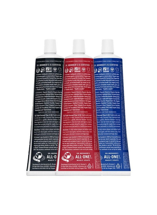 Dr. Bronner’s - All-One Toothpaste (3-Pack Variety) 5 Ounce Peppermint, Cinnamon, Anise - 70% Organic Ingredients, Natural and Effective