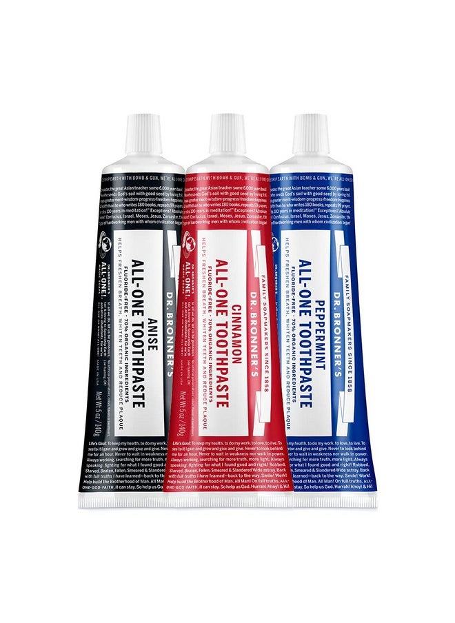 Dr. Bronner’s - All-One Toothpaste (3-Pack Variety) 5 Ounce Peppermint, Cinnamon, Anise - 70% Organic Ingredients, Natural and Effective