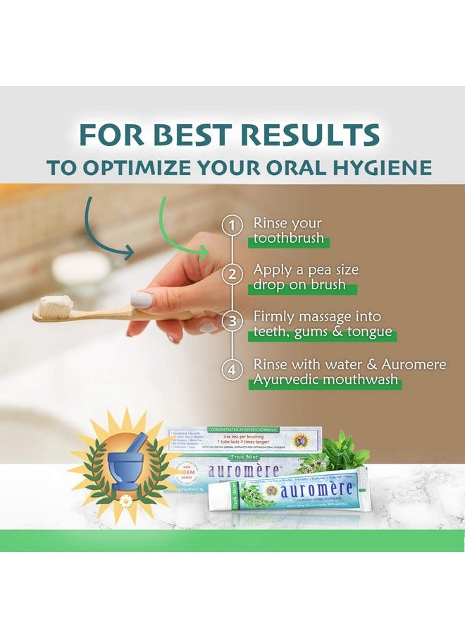 Auromere Ayurvedic Herbal Toothpaste, Fresh Mint - Vegan, Natural, Non GMO, Flouride Free, Gluten Free, with Neem & Peelu (4.16 oz), 5 Pack